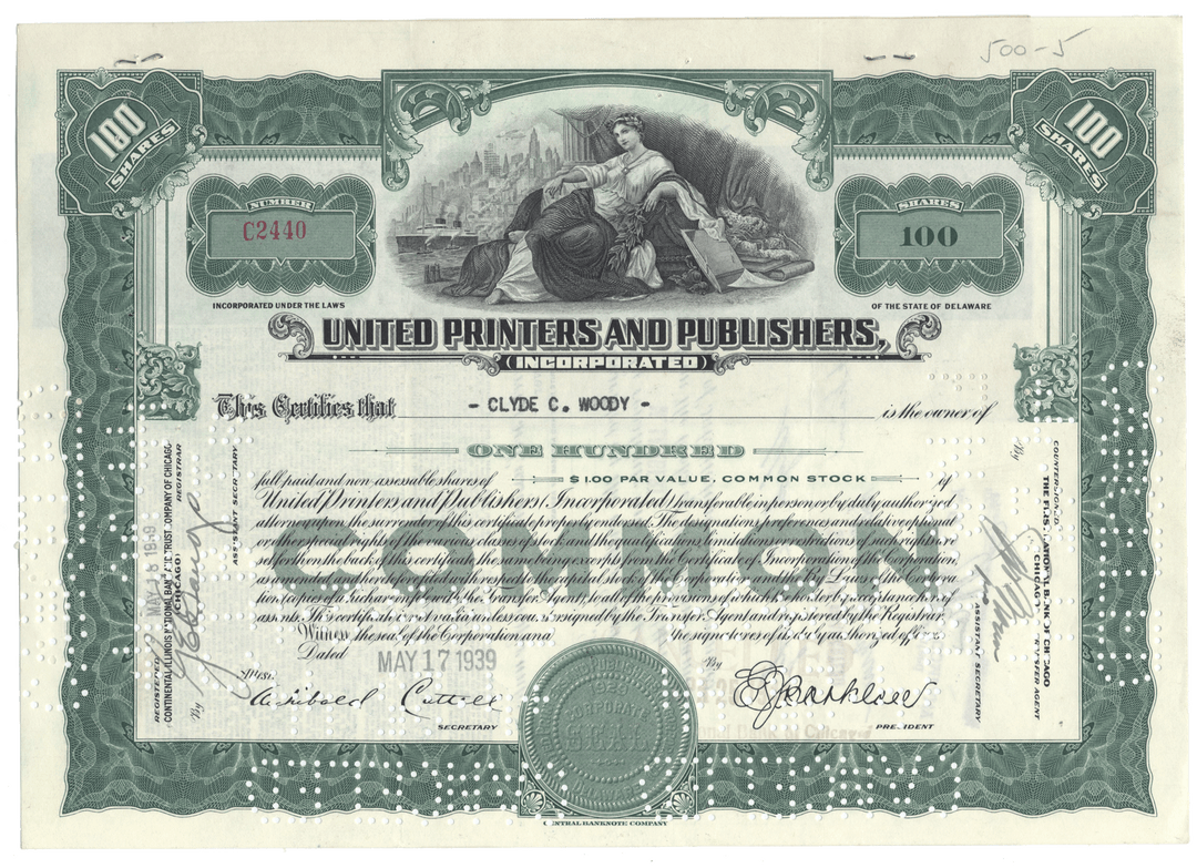 Vintage stock certificate from United Printers and Publishers, Inc.