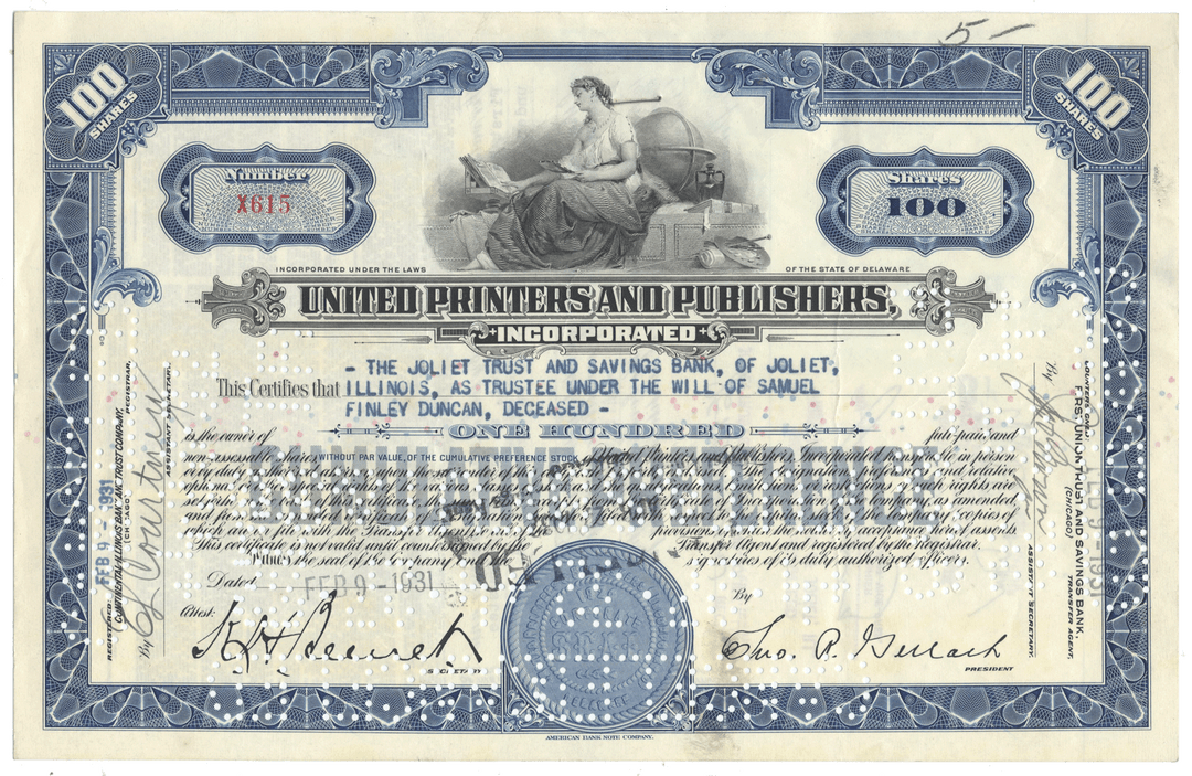 Vintage stock certificate from United Printers and Publishers, Inc.