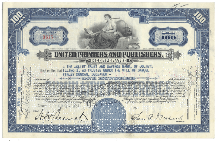 Vintage stock certificate from United Printers and Publishers, Inc.