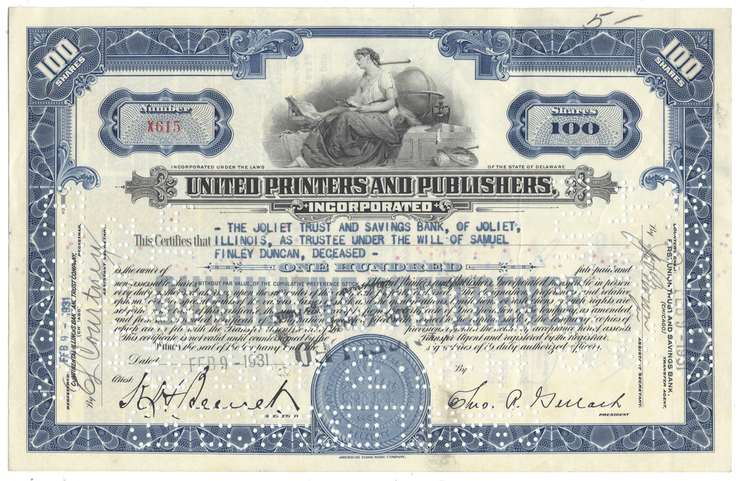 Vintage stock certificate from United Printers and Publishers, Inc. from 1931