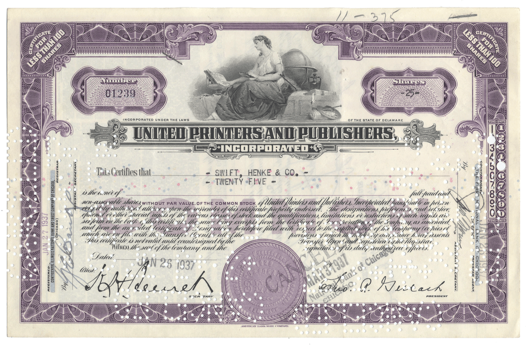 United Printers and Publishers, Incorporated stock certificate with decorative elements.