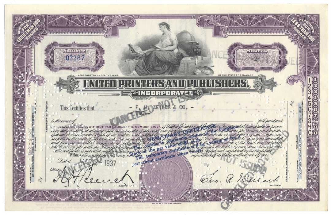 Vintage stock certificate from United Printers and Publishers, Inc.