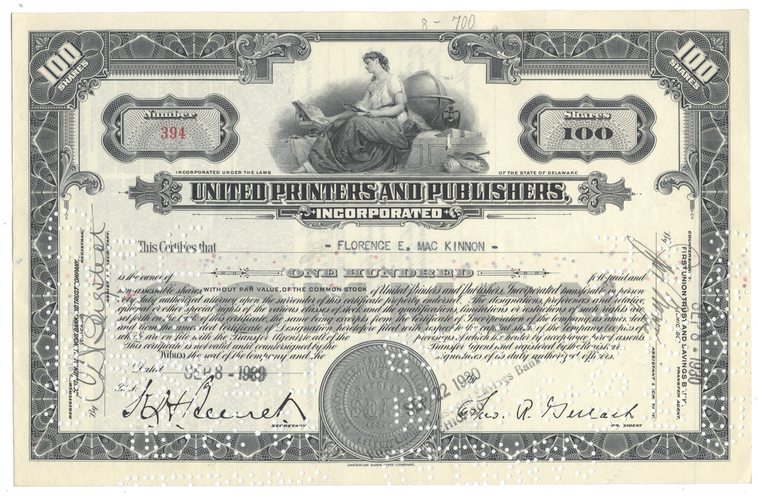 Stock certificate from United Printers and Publishers, Inc. with decorative elements and text.