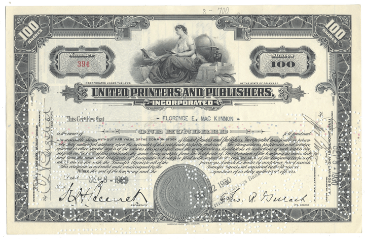 Stock certificate from United Printers and Publishers, Inc. with decorative elements and text.