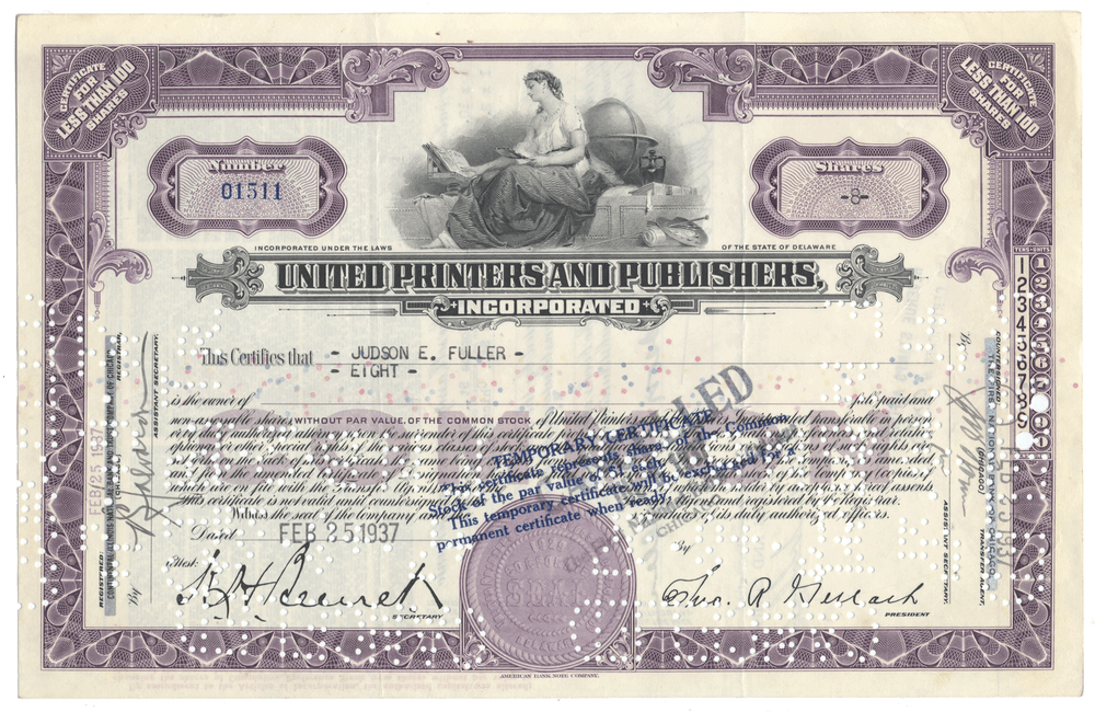 Stock certificate from United Printers and Publishers, Incorporated with decorative elements and text.