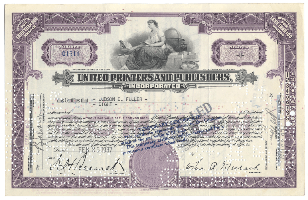 Stock certificate from United Printers and Publishers, Incorporated with decorative elements and text.