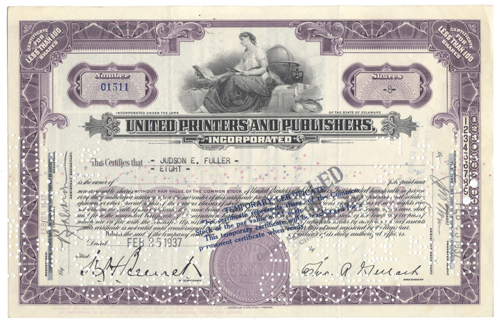 Stock certificate from United Printers and Publishers, Incorporated with decorative elements and text.