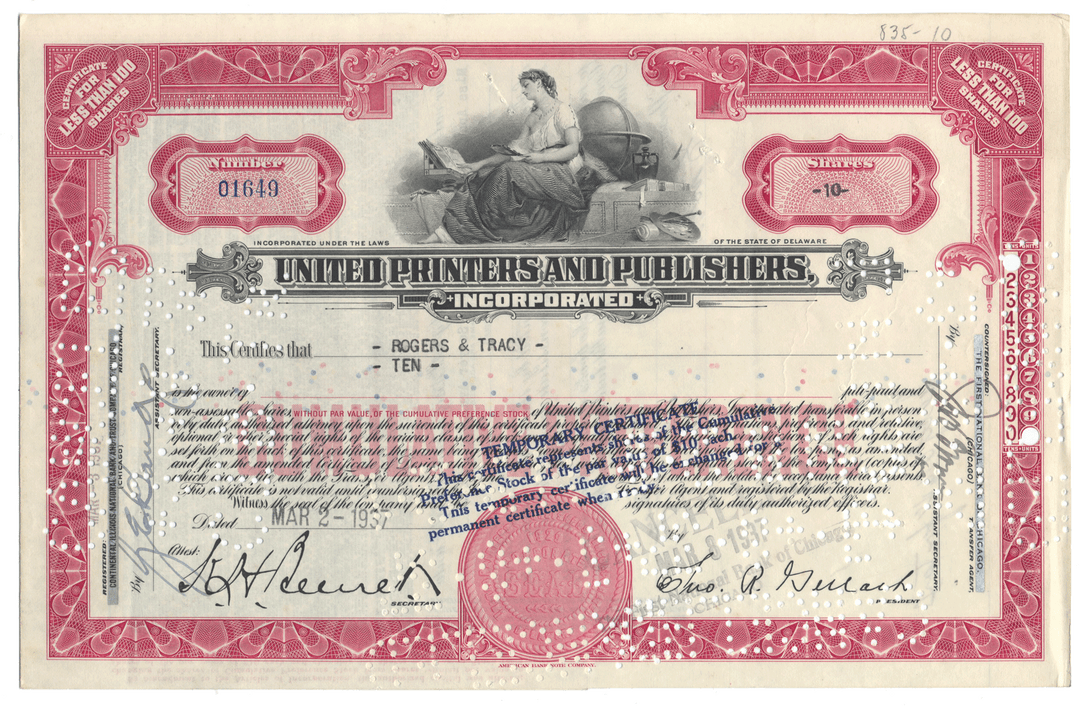 Vintage stock certificate from United Printers and Publishers, Inc. with decorative elements and a woman's silhouette.