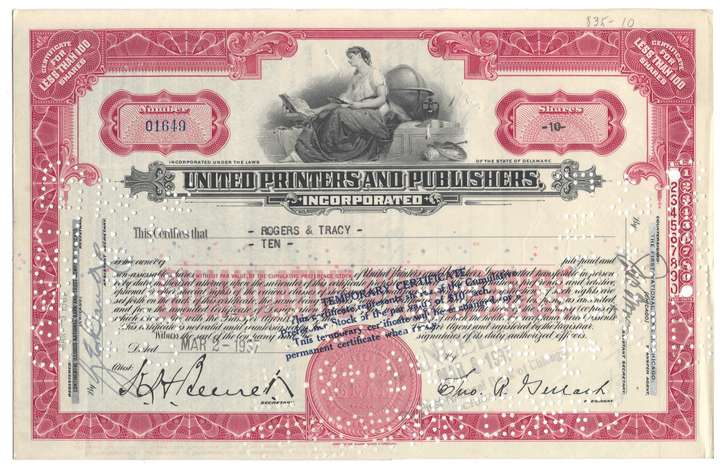 Vintage stock certificate from United Printers and Publishers, Inc. with decorative elements and a woman's silhouette.