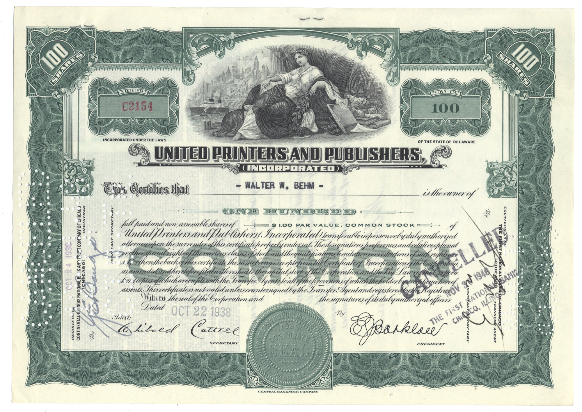 United Printers and Publishers stock certificate from 1938