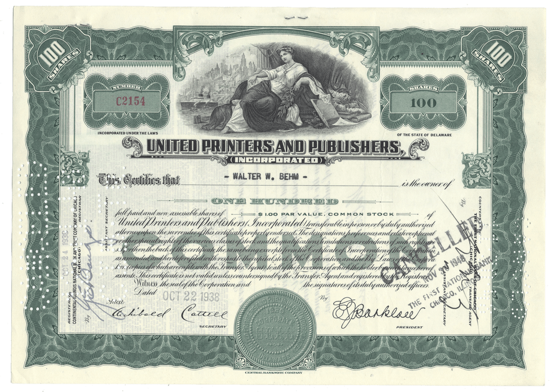 United Printers and Publishers stock certificate from 1938