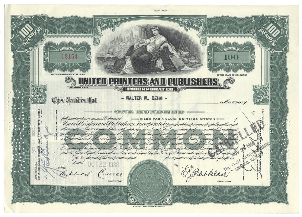 Stock certificate from United Printers and Publishers, Inc. with decorative elements and a portrait.
