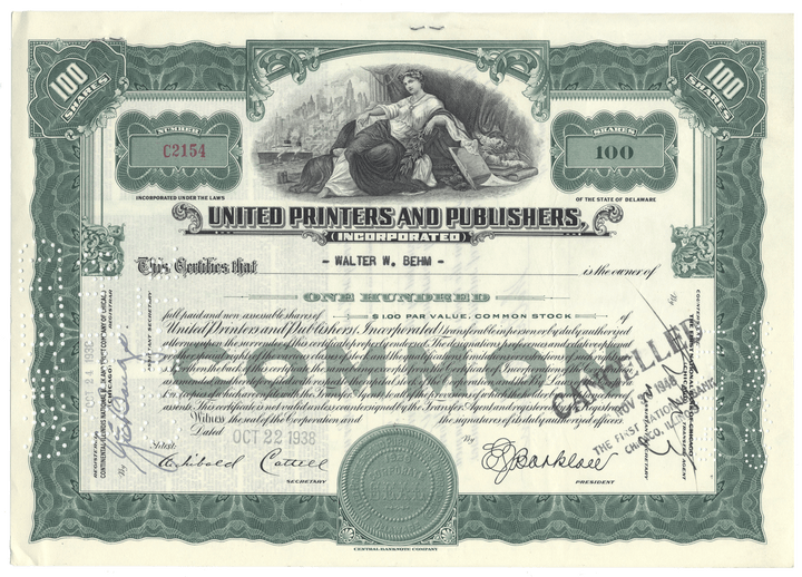 Stock certificate from United Printers and Publishers, Inc. with decorative elements and a portrait.