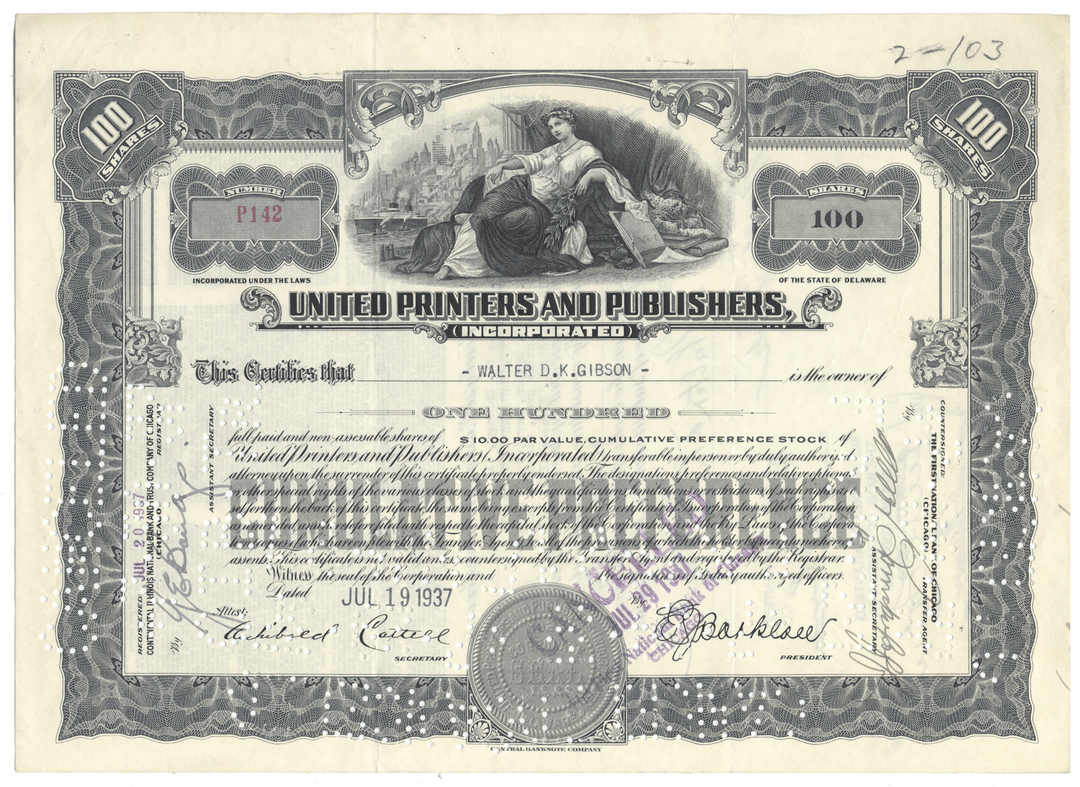 Stock certificate from United Printers and Publishers, Inc. with decorative elements and text.
