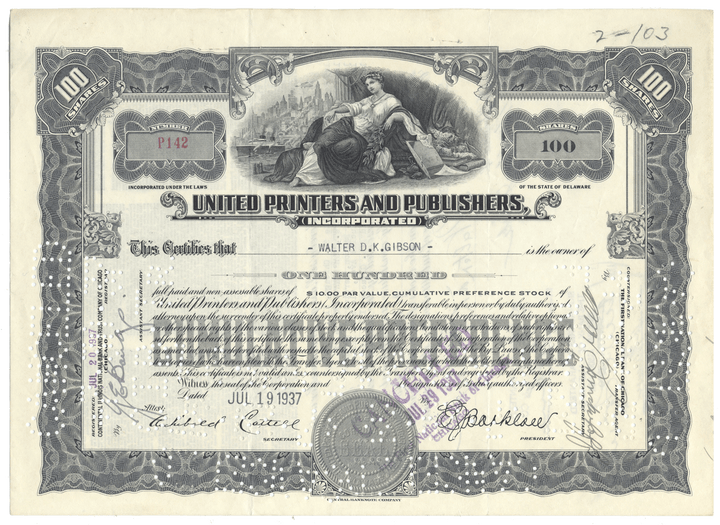 Stock certificate from United Printers and Publishers, Inc. with decorative elements and text.