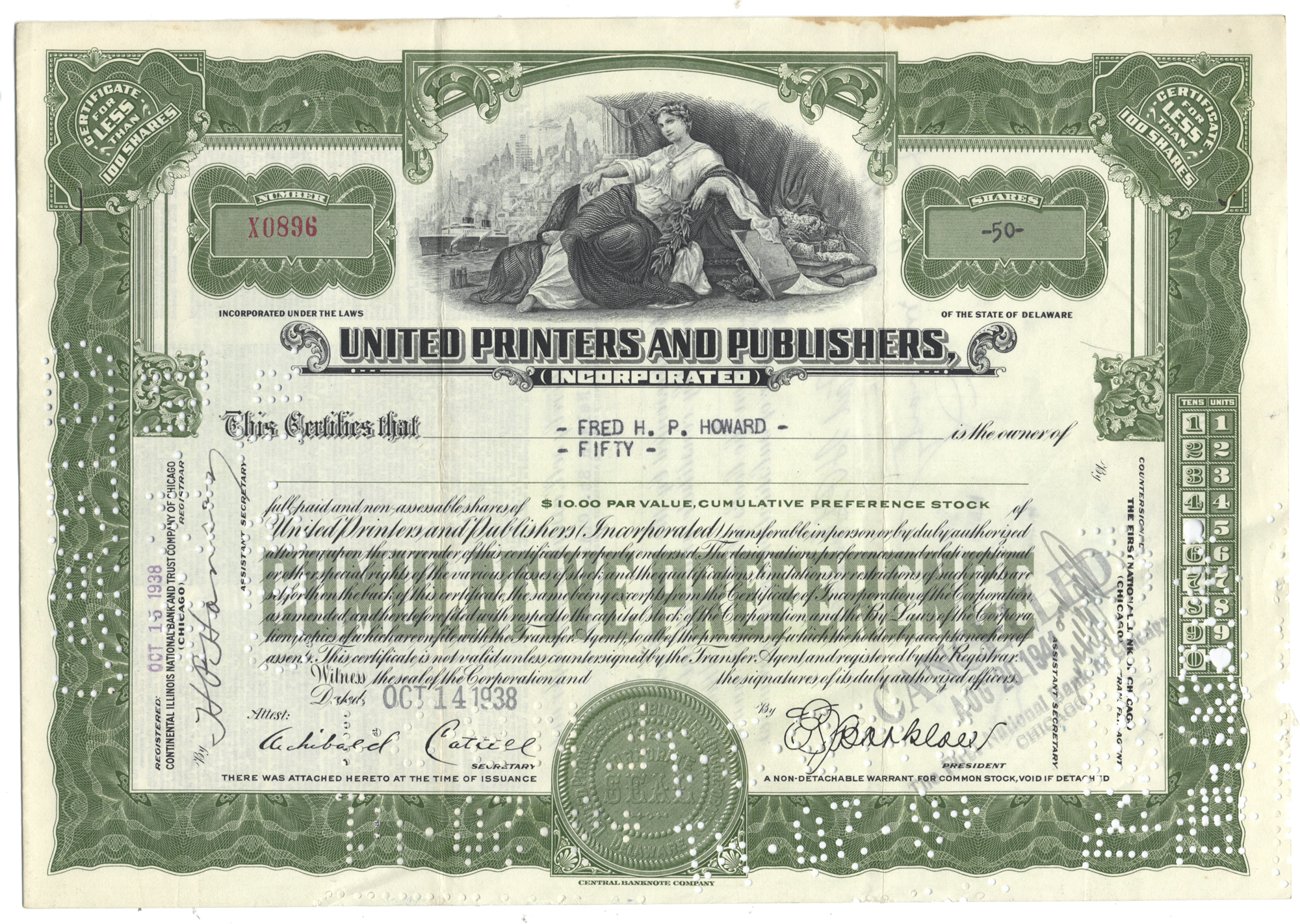 Stock certificate from United Printers and Publishers, Inc. with decorative elements and text.