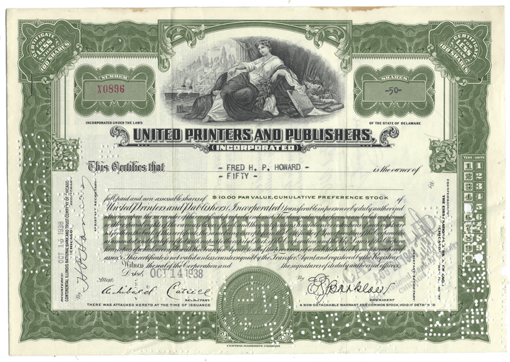 Stock certificate from United Printers and Publishers, Inc. with decorative elements and text.