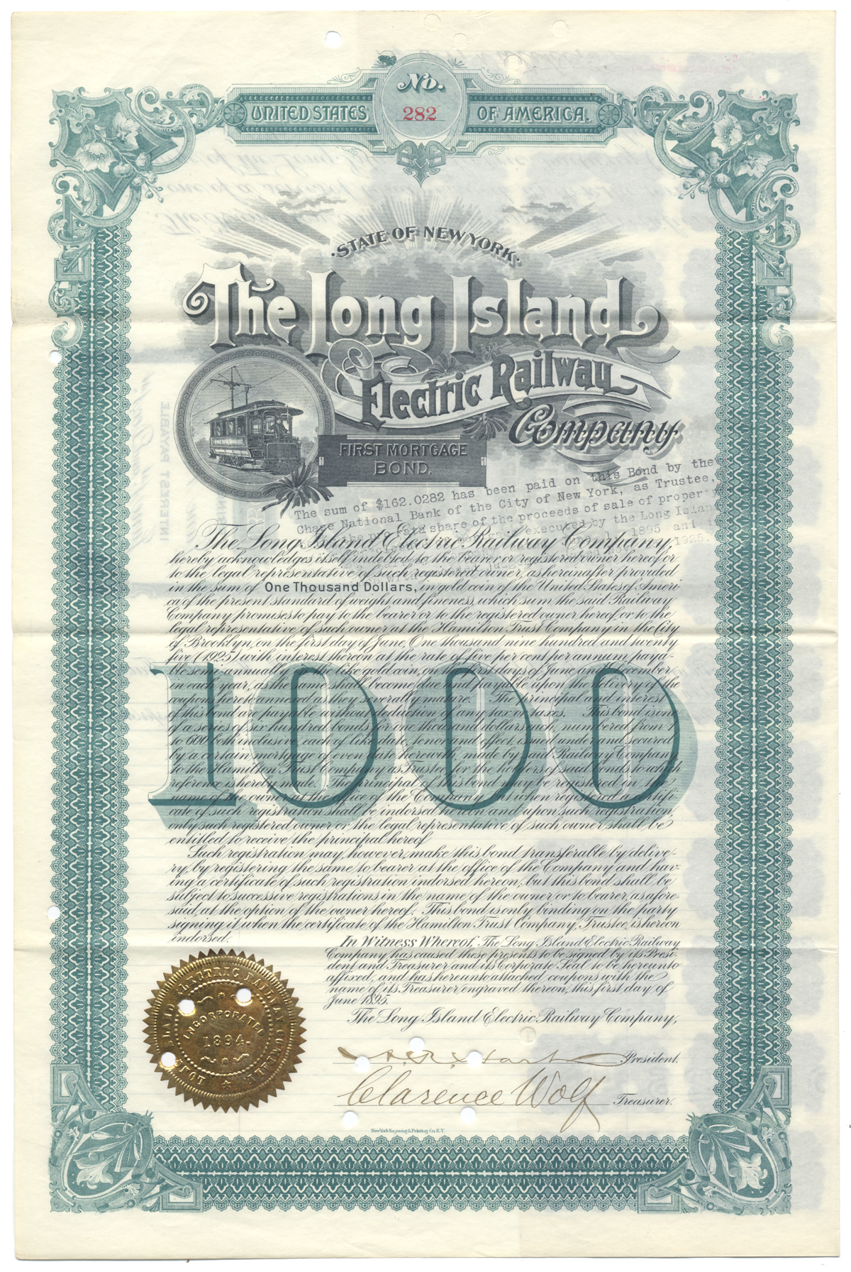 Long Island Electric Railway Company Bond Certificate