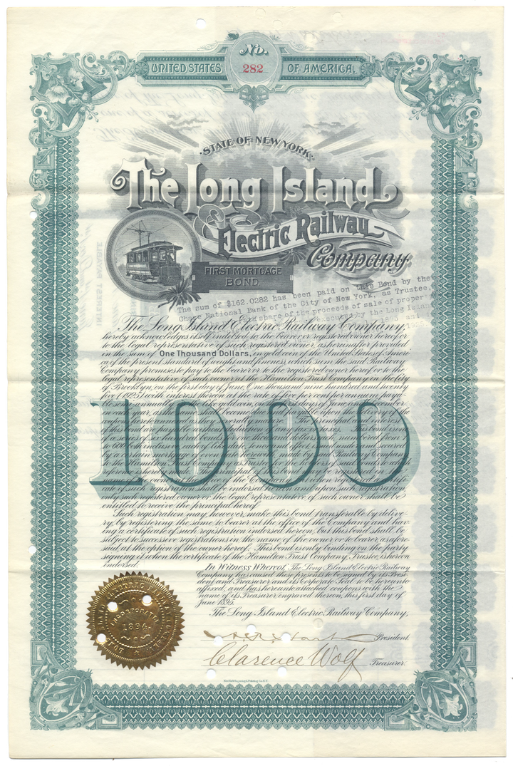 Long Island Electric Railway Company Bond Certificate