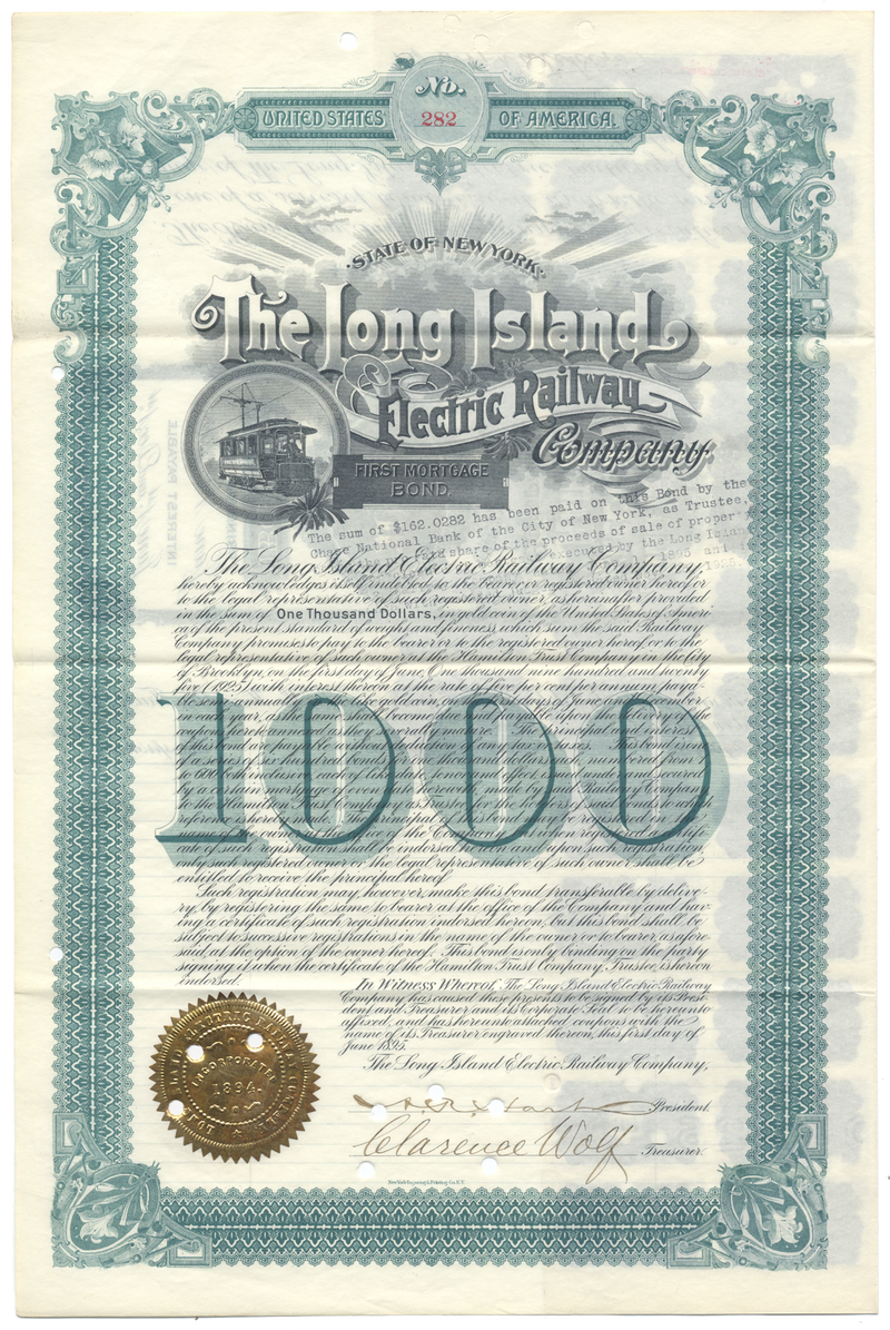 Long Island Electric Railway Company Bond Certificate