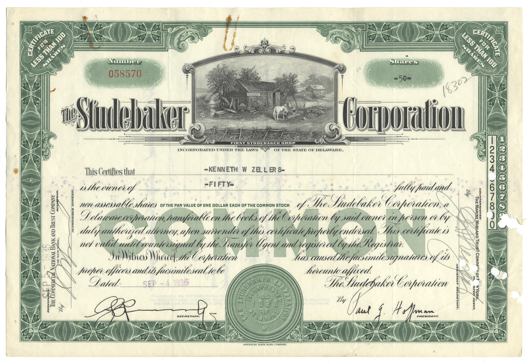 Studebaker Corporation stock certificate with green and white design from 1936