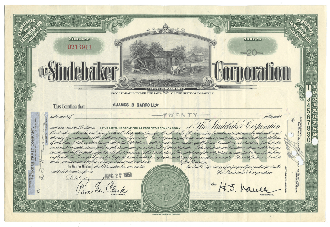 Studebaker Corporation stock certificate from 1951