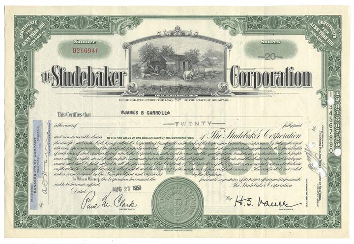 Studebaker Corporation stock certificate from 1951