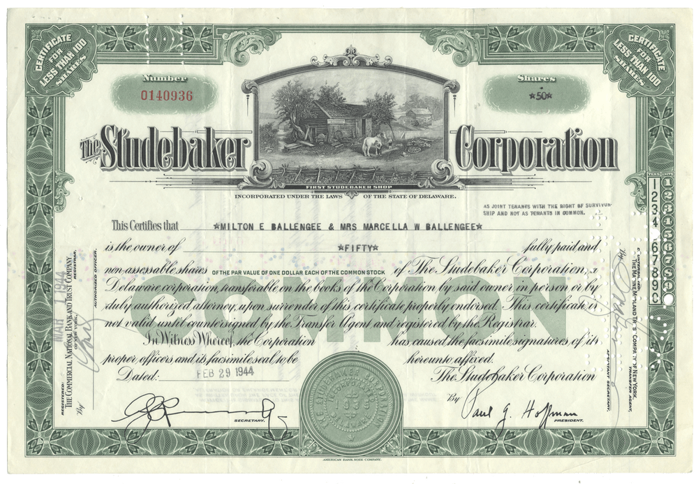 Vintage stock certificate from The Studebaker Corporation from 1944