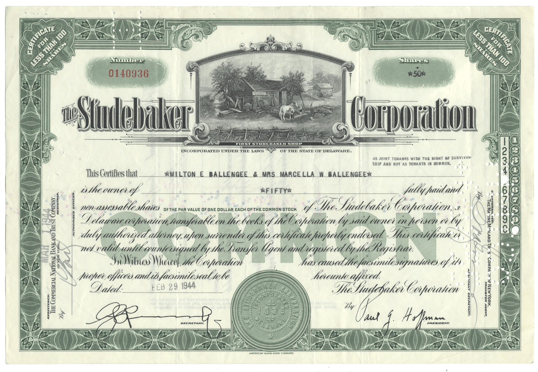 Vintage stock certificate from The Studebaker Corporation from 1944