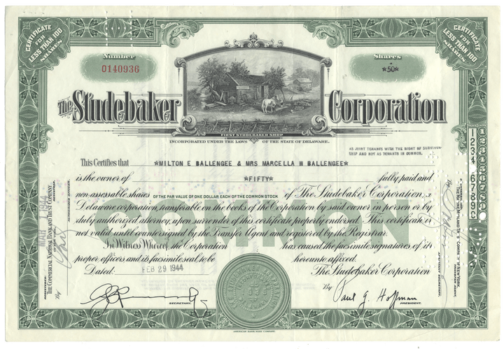 Vintage stock certificate from The Studebaker Corporation from 1944