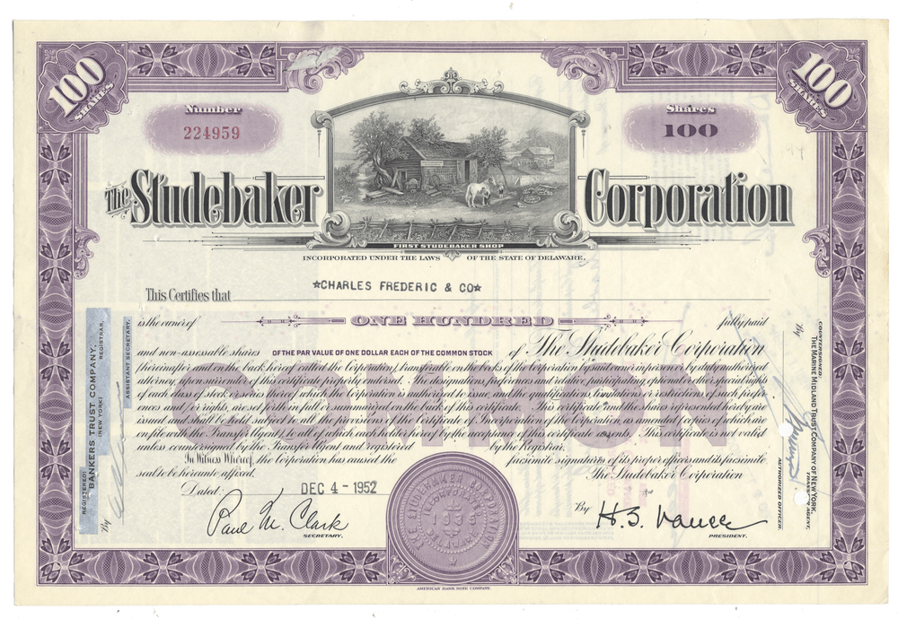 Studebaker Corporation stock certificate from 1952 with a purple border and text.