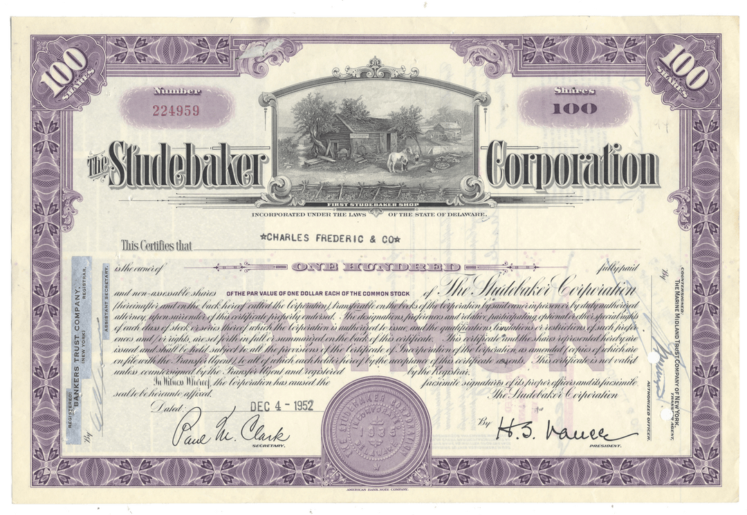 Studebaker Corporation stock certificate from 1952 with a purple border and text.