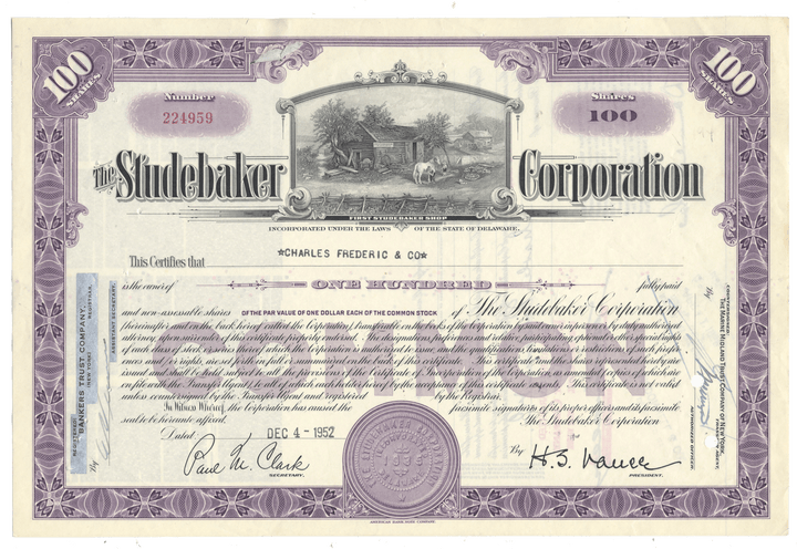 Studebaker Corporation stock certificate from 1952 with a purple border and text.