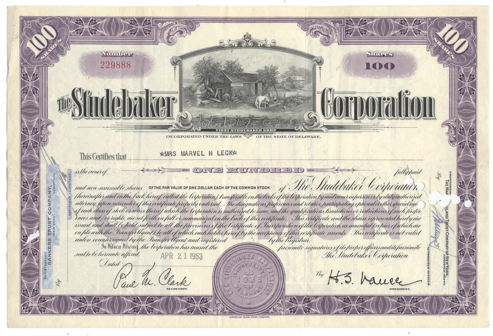 A vintage 1953 Studebaker Corporation stock certificate
