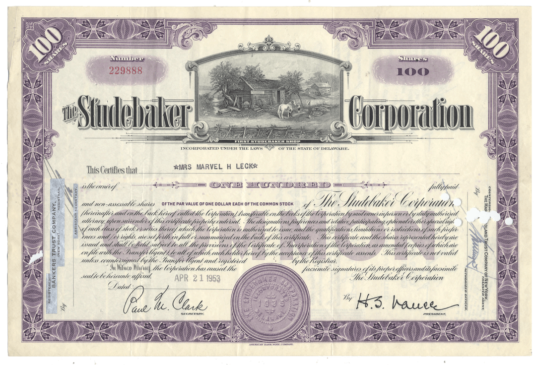 A vintage 1953 Studebaker Corporation stock certificate