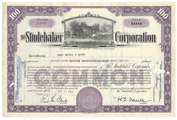 A vintage 1953 Studebaker Corporation stock certificate
