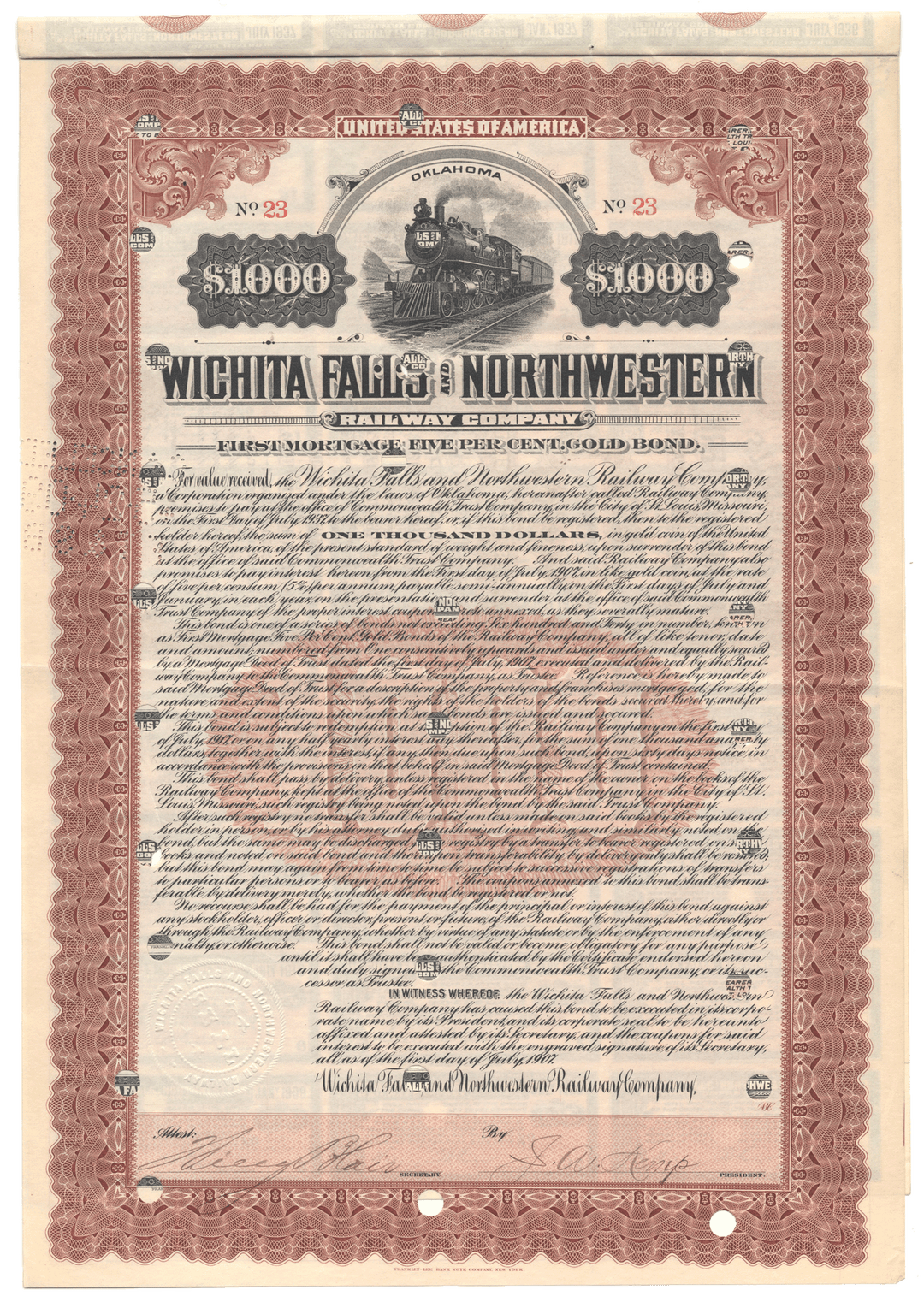 Wichita Falls & Northwestern Railway Company bond certificate from 1907