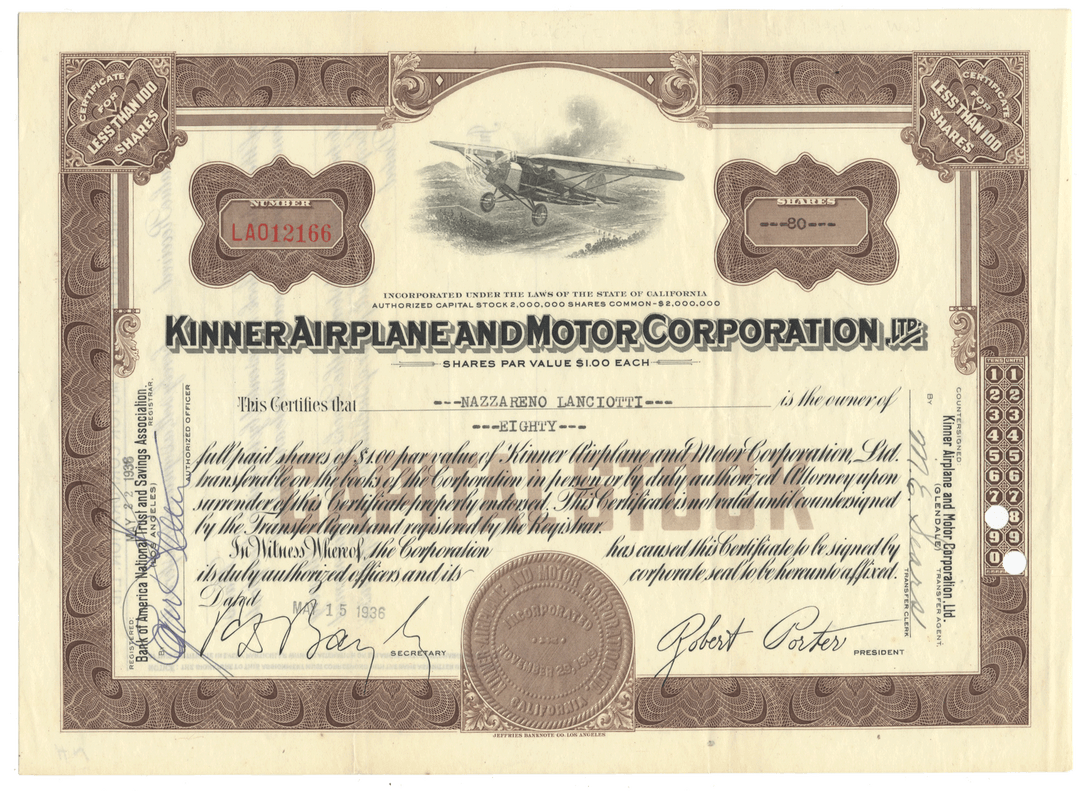 A vintage Kinner Airplane and Motor Corporation stock certificate from 1936 with an airplane vignette