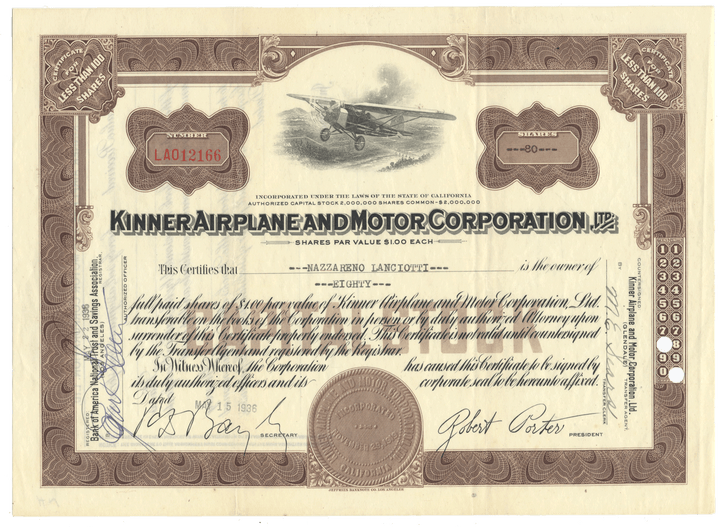 A vintage Kinner Airplane and Motor Corporation stock certificate from 1936 with an airplane vignette