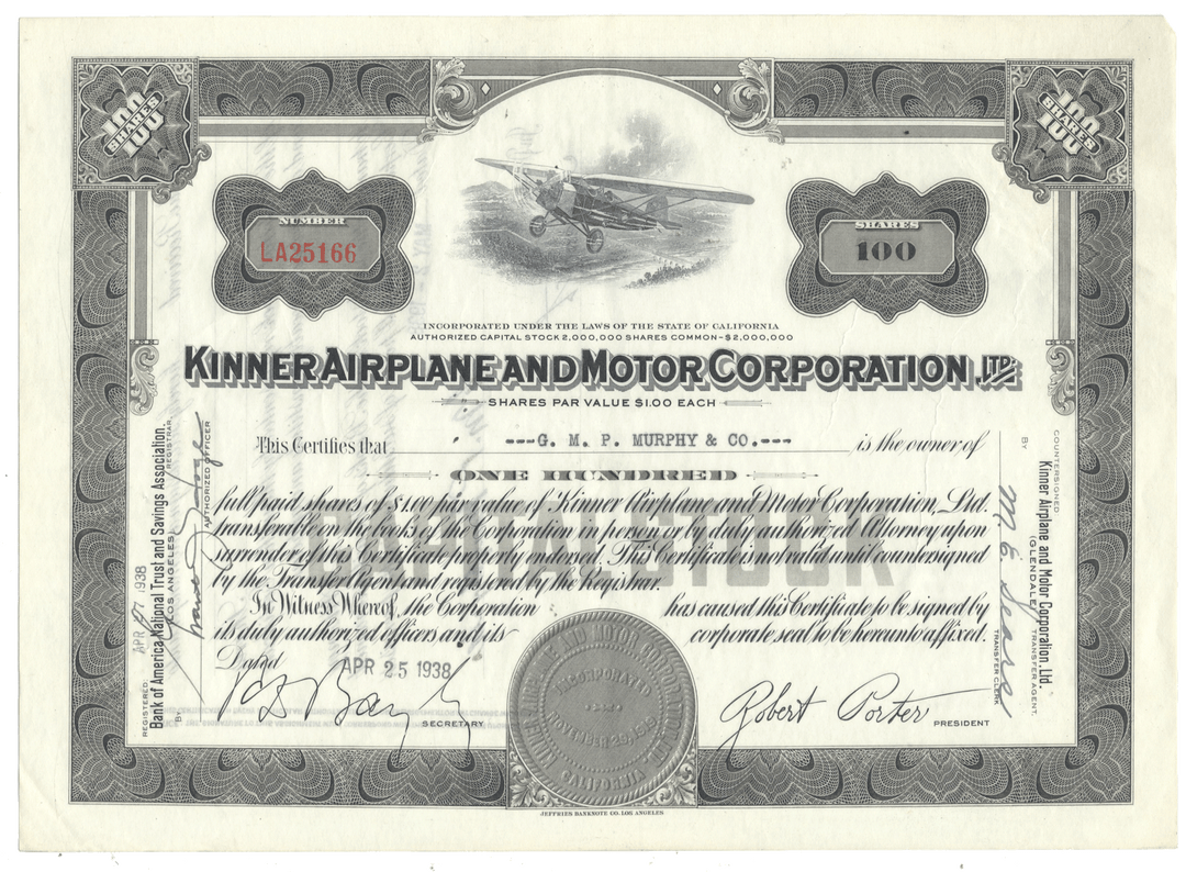 Kinner Airplane and Motor Corporation, Ltd. stock certificate from 1938