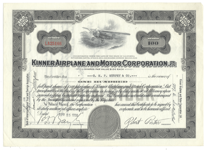 Kinner Airplane and Motor Corporation, Ltd. stock certificate from 1938