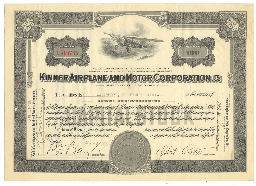 A vintage Kinner Airplane and Motor Corporation stock certificate from 1936 with an airplane vignette