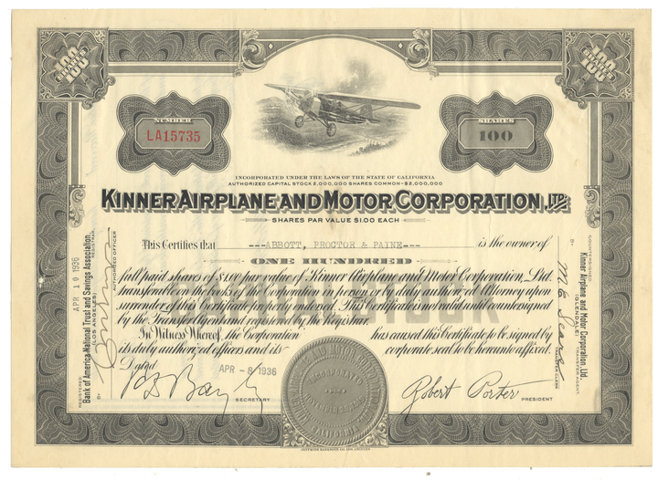 A vintage Kinner Airplane and Motor Corporation stock certificate from 1936 with an airplane vignette