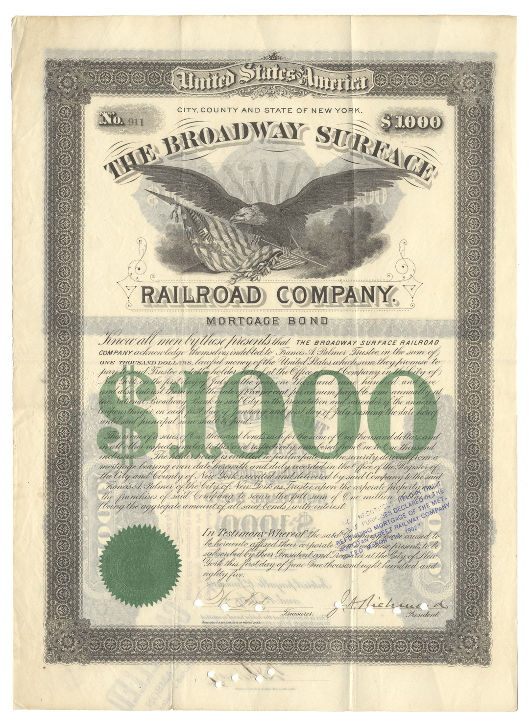 A vintage mortgage bond from the Broadway Surface Railroad from 1885