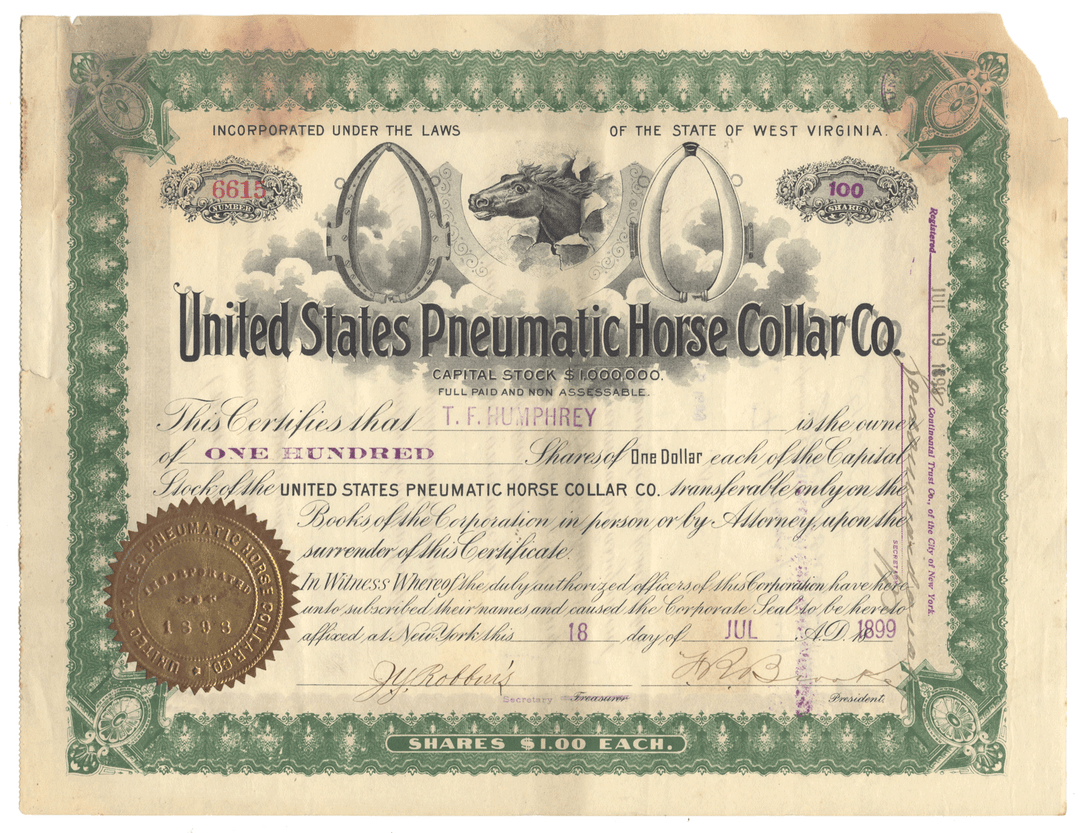 United States Pneumatic Horse Collar Co. stock certificate with decorative elements and text from 1899
