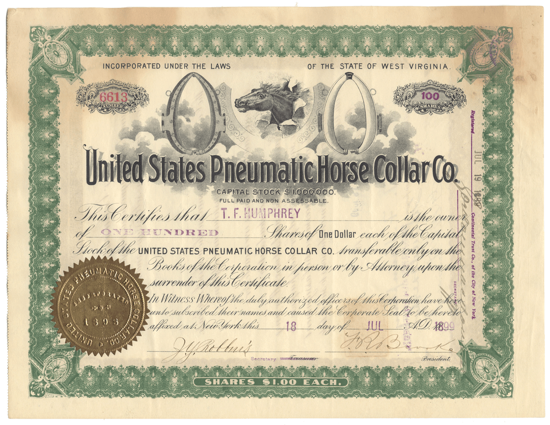 United States Pneumatic Horse Collar Co. Stock Certificate
