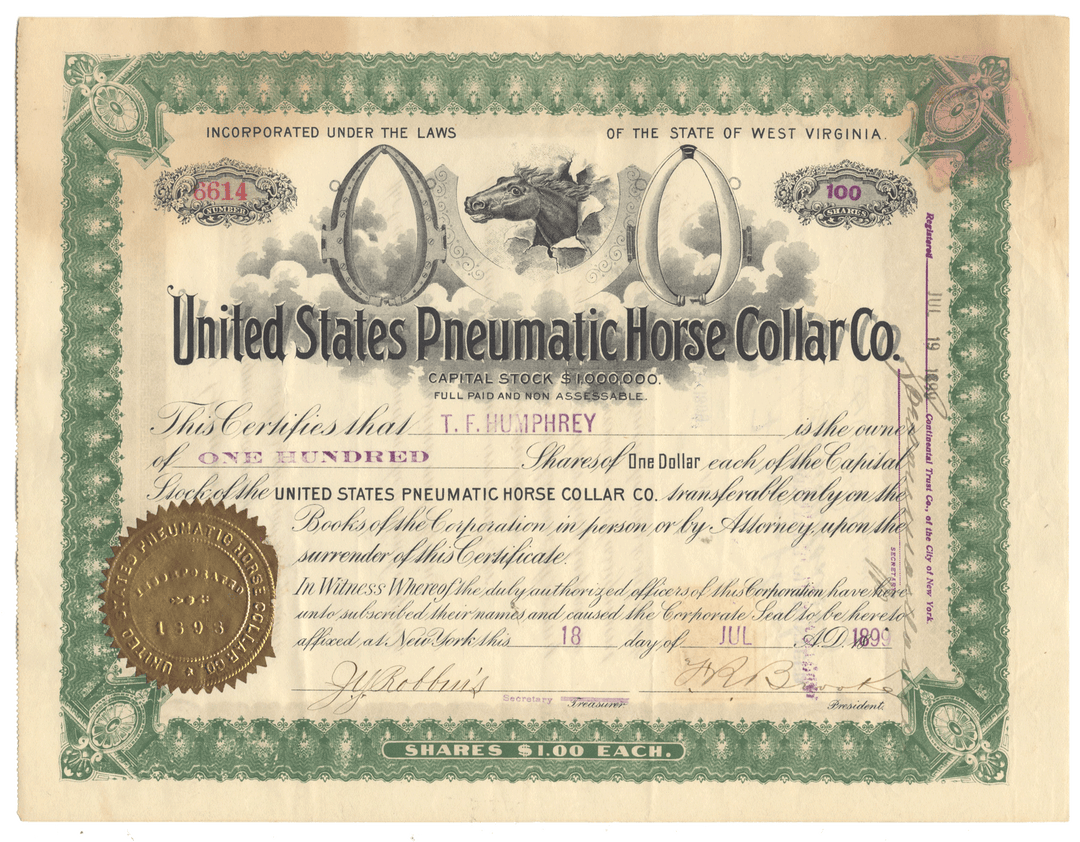 United States Pneumatic Horse Collar Co. stock certificate with horse illustrations