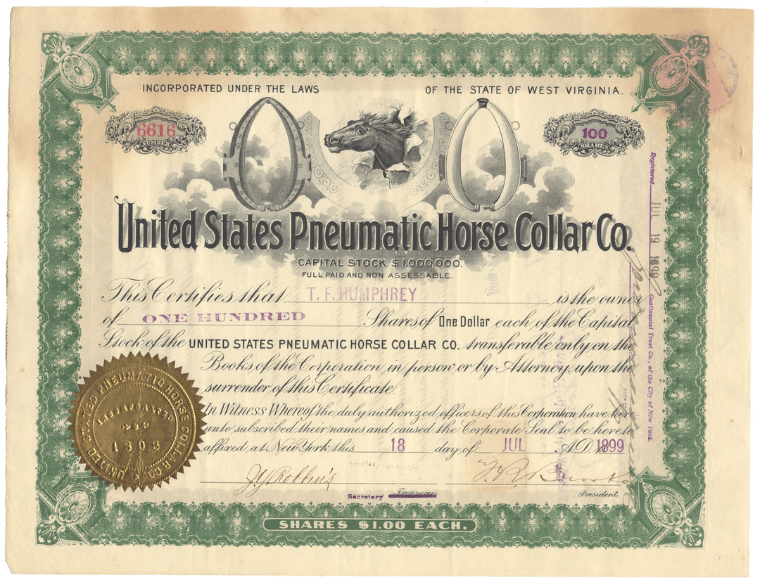 United States Pneumatic Horse Collar Co. stock certificate with decorative border and text.