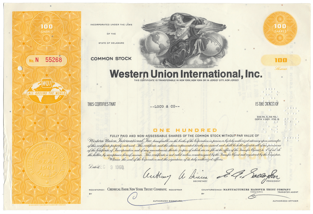 Western Union International, Inc. stock certificate with decorative elements