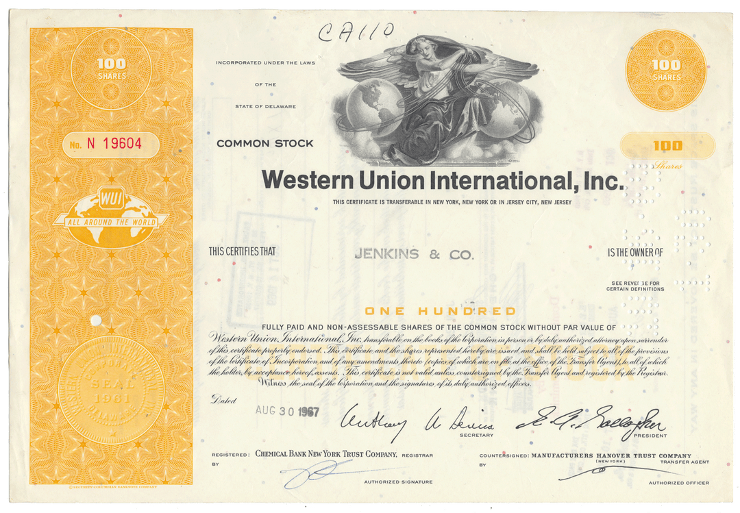 Vintage stock certificate for Western Union International, Inc. with decorative elements and text.